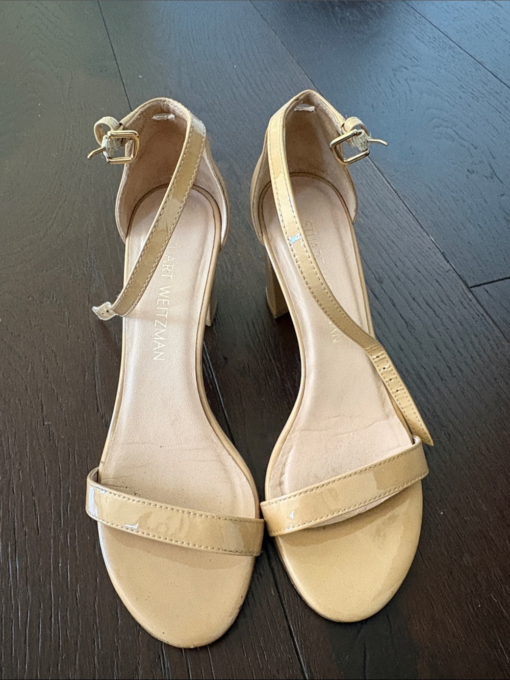 Stuart Weitzman Nude Patent Ankle-Strap Block Heel Sandals 7